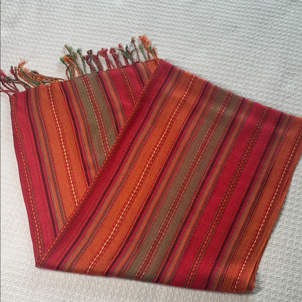 Red, orange, green striped woven scarf/ shawl